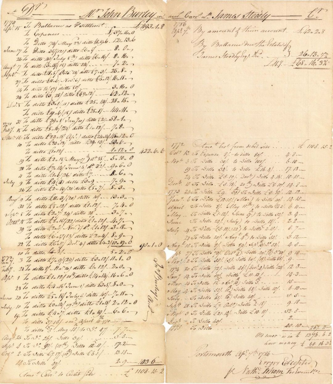 Account Sheet signed by Nathaniel Folsom - 1786 dated Autograph