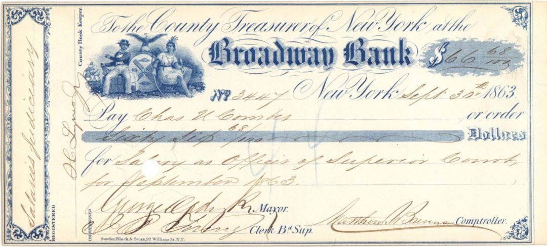 Broadway Bank Check signed by George Opdyke - 1863 dated Autographed Check