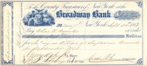 Broadway Bank Check signed by George Opdyke - 1863 dated Autographed Check