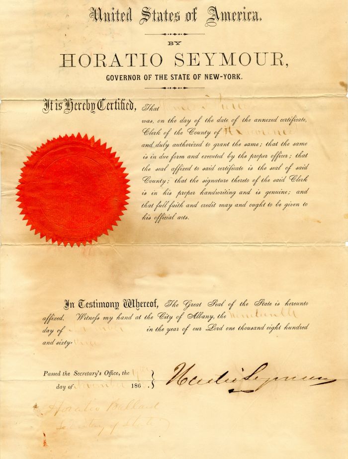 Horatio Seymour signed Document - Civil War Dated