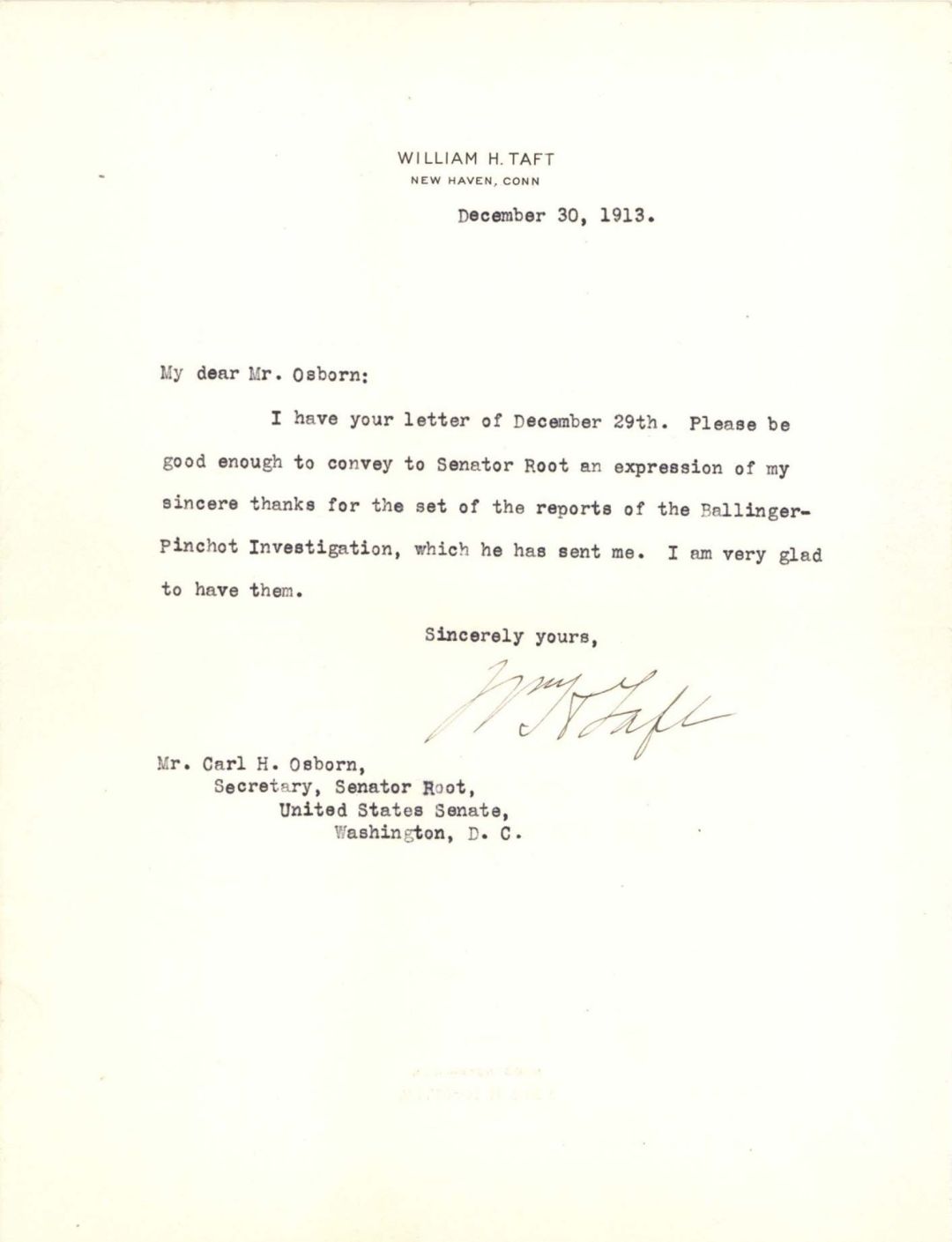 Letter signed by William H. Taft - 1913 dated Autograph