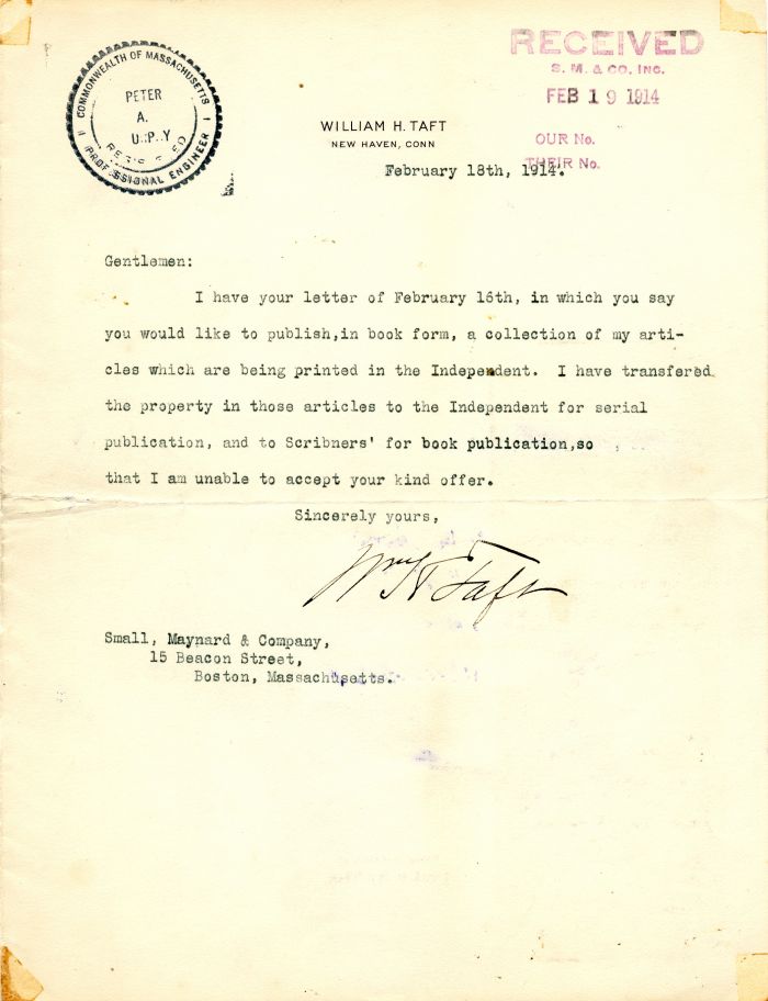 Letter signed by Wm. H. Taft