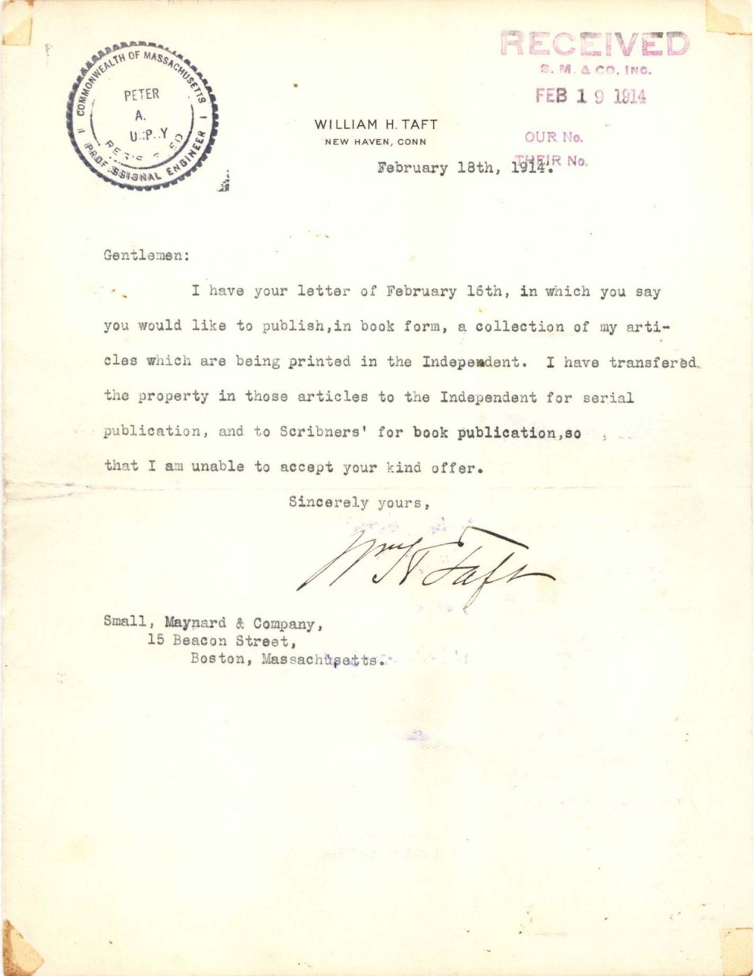 Letter signed by William H. Taft - 1914 dated Autograph