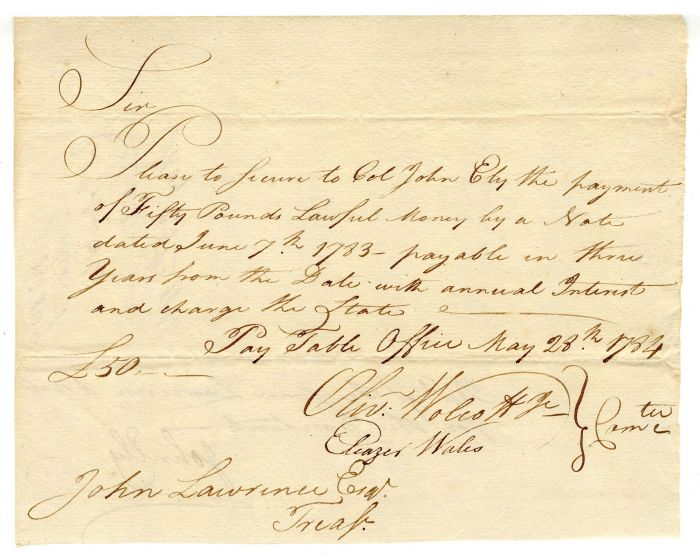 Connecticut Currency - Revolutionary War Pay Order signed by Oliver Wolcott, Jr.