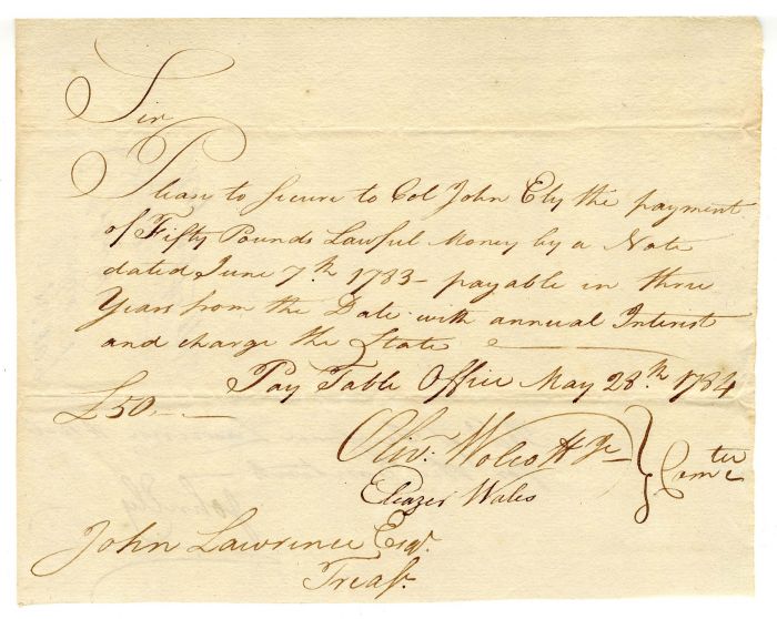 "Connecticut Currency" - Revolutionary War Pay Order signed by Oliver Wolcott, Jr.