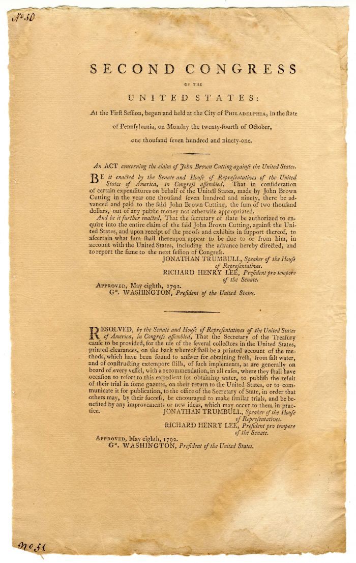 Second Congress of the United States signed in type by Geo Washington