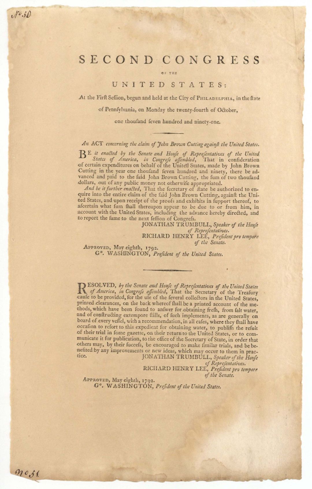 Second Congress of the United States signed in type by Geo Washington - 1791 and 1792 dated Autograph
