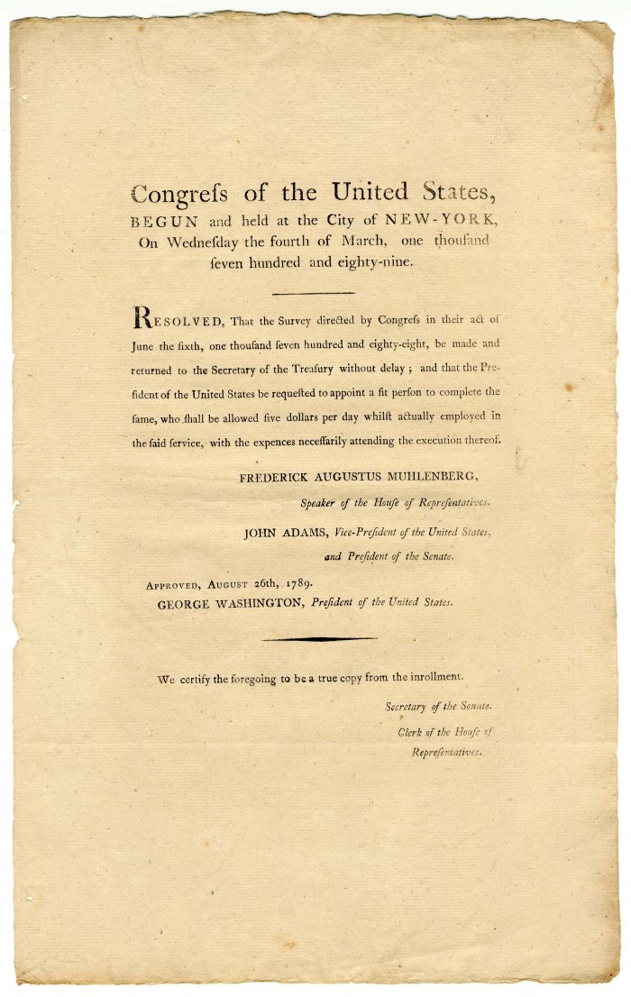 Survey of the United States signed in type by Geo Washington and John Adams