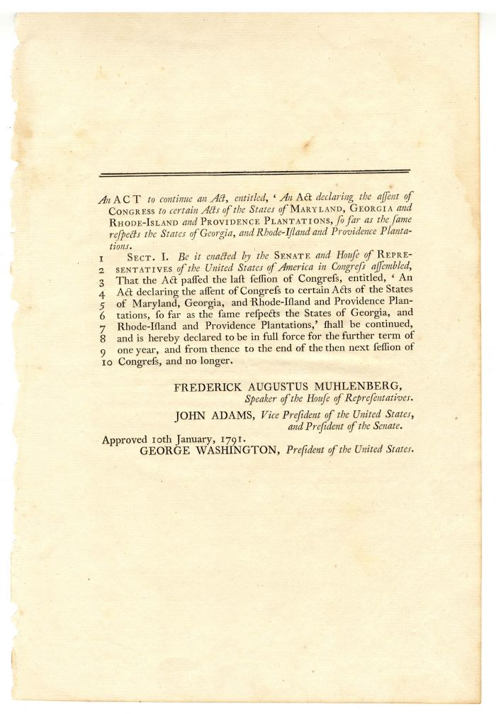 First Congress of the United States signed in type by Geo Washington and John Adams