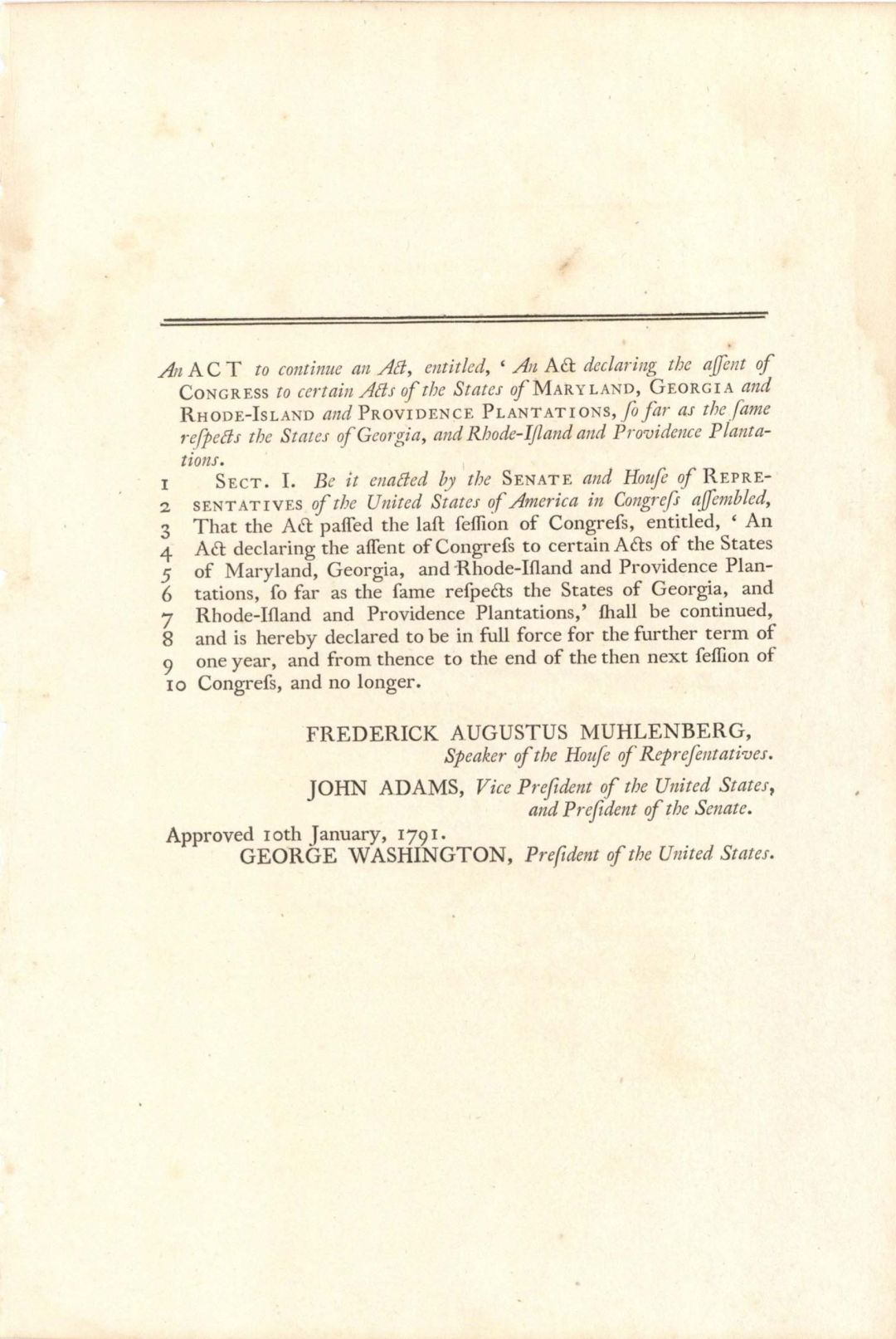 First Congress of the United States signed in type by Geo Washington and John Adams - 1791 dated Autographs