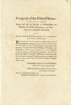 Congress of the United States; at the Third Session signed in type by Geo Washington and John Adams