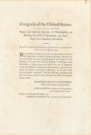 Congress of the United States; at the Third Session signed in type by Geo Washington and John Adams - 1790 and 1791 dated Autograph
