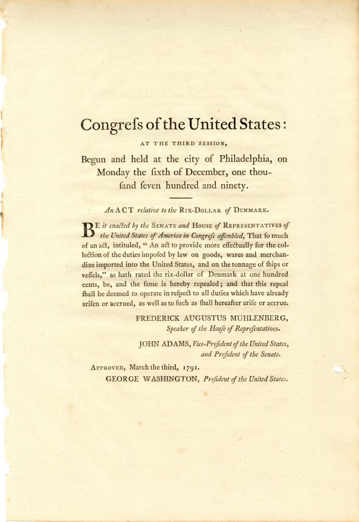 Congress of the United States; at the Third Session signed in type by Geo Washington and John Adams