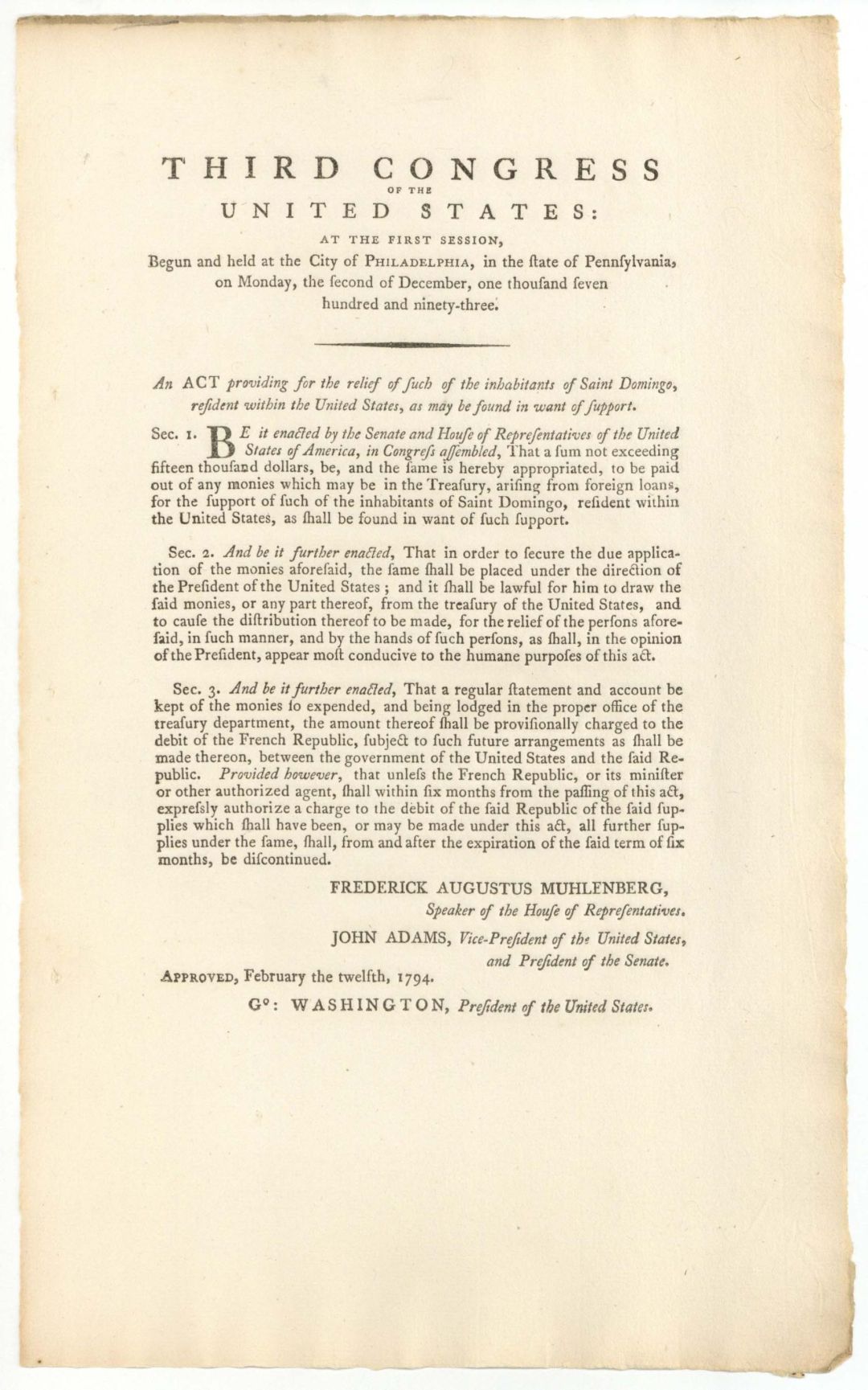 Third Congress of the United States: at the First Session signed in type by Geo Washington and John Adams - 1793 and 1794 dated Autograph