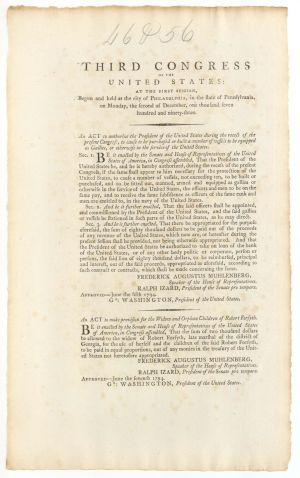 Third Congress of the United States: at the First Session signed in type by Geo Washington and John Adams - 1793 and 1794 dated Autograph