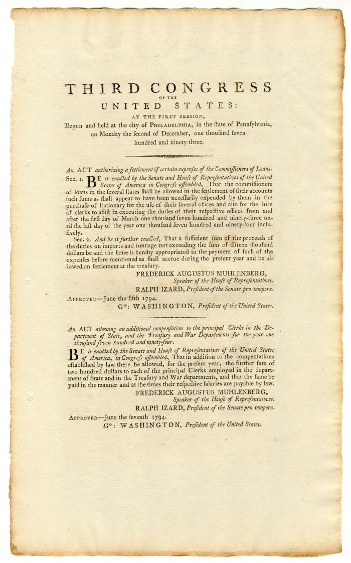 Third Congress of the United States: at the First Session signed in type by Geo Washington and John Adams