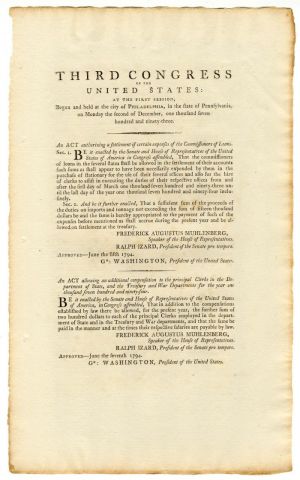 Third Congress of the United States: at the First Session signed in type by Geo Washington and John Adams