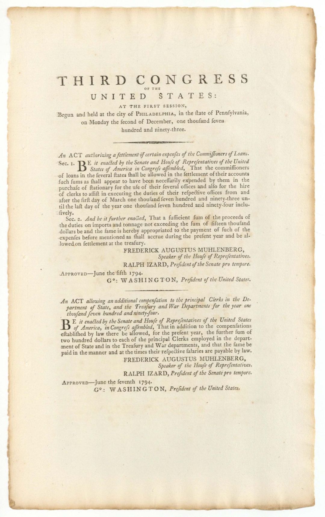 Third Congress of the United States: at the First Session signed in type by Geo Washington and John Adams - 1793 and 1794 dated Autographs