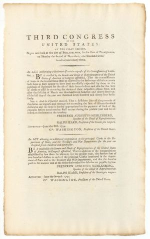 Third Congress of the United States: at the First Session signed in type by Geo Washington and John Adams - 1793 and 1794 dated Autographs