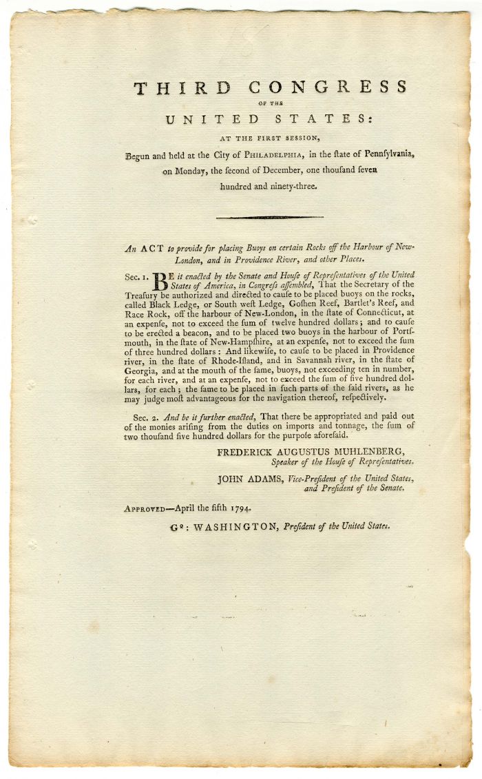 Third Congress of the United States: at the First Session signed in type by Geo Washington and John Adams