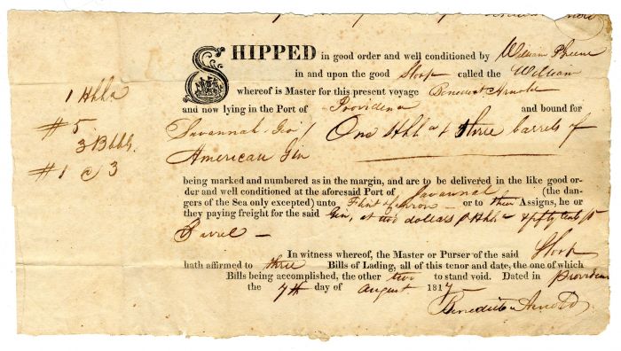 Shipping Document signed by Benedict Arnold (Possibly related to the famous Arnold?)