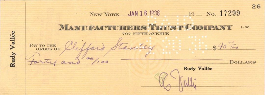 Check signed by Rudy Vallee - 1936 dated Autograph