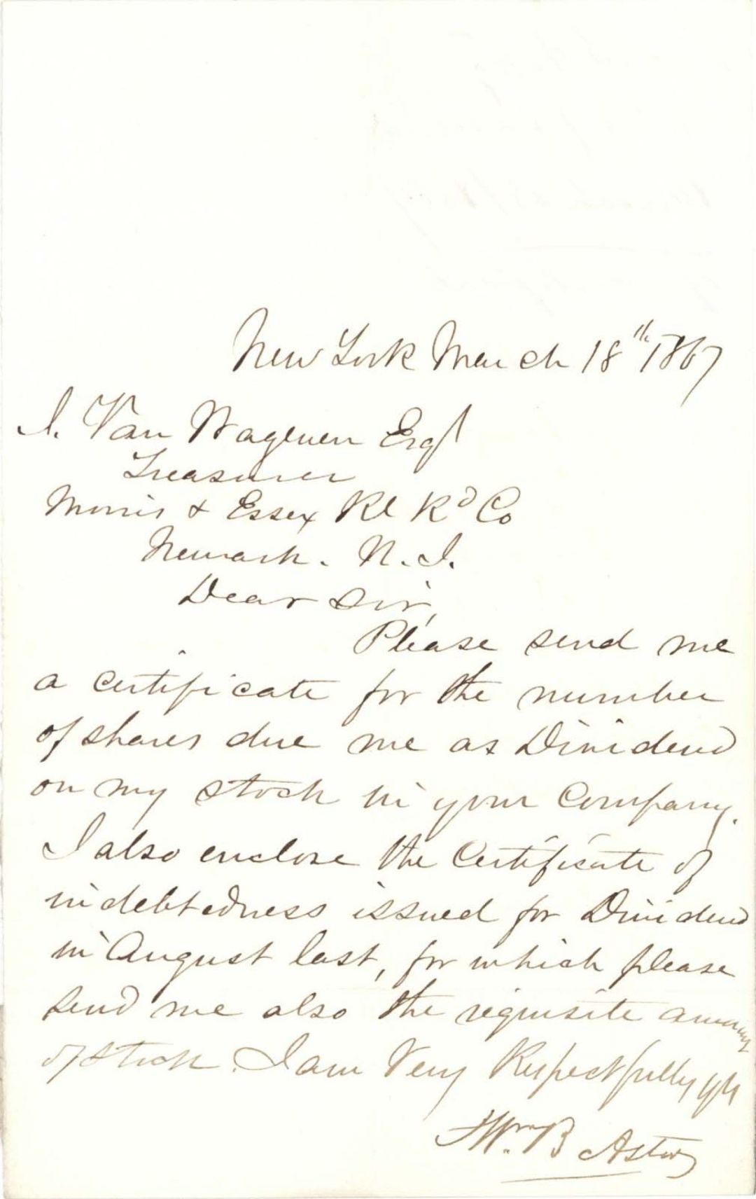 Autographed Letter signed by William Backhouse Astor Sr. - 1867 dated Autograph