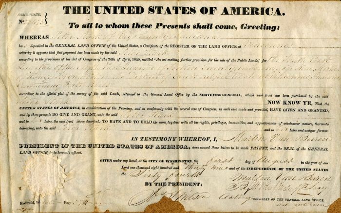 Land Grant signed by Martin Van Buren Secretary - Secretarial - Americana