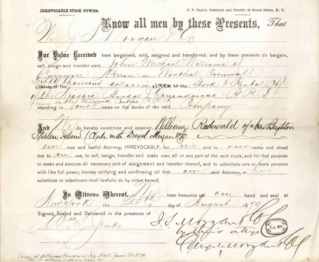 J. Pierpont Morgan signs for J.S. Morgan Co. & Drexel, Morgan Co. in his hand dated August 25, 1879 - Autograph - 4 Documents