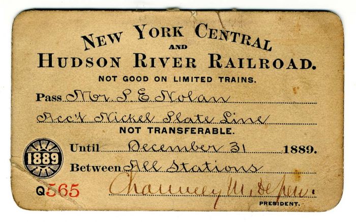 New York Central and Hudson River Railroad Co. Pass signed by Chauncey Depew