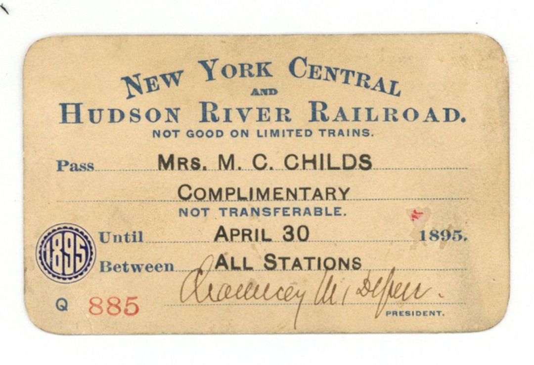 New York Central and Hudson River Railroad Co. Pass signed by Chauncey Depew dated 1895 or 1896