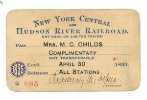 New York Central and Hudson River Railroad Co. Pass signed by Chauncey Depew dated 1895 or 1896