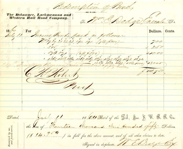 Delaware, Lackawanna and Western Rail Road Co. signed by William E. Dodge - Redemption Bond