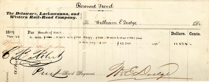 Delaware, Lackawanna and Western Rail Road Co. signed by William E. Dodge - Autograph