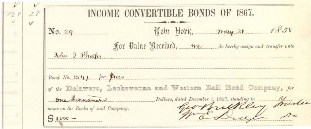 Delaware, Lackawanna and Western Rail Road Co. Receipt signed by William E. Dodge - 1858 or 1860 dated Autographed Bond Receipt