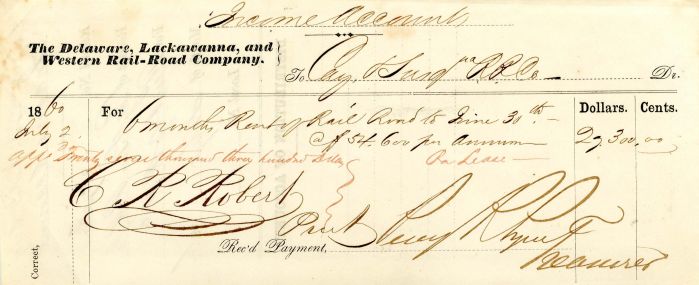 Delaware, Lackawanna and Western Rail Road Co. signed by Percy R. Pyne