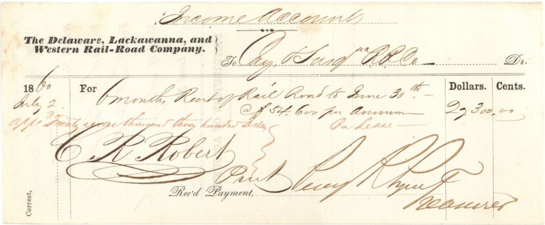 Delaware, Lackawanna and Western Rail Road Co. Income Account signed by Percy R. Pyne - 1860 dated Autograph