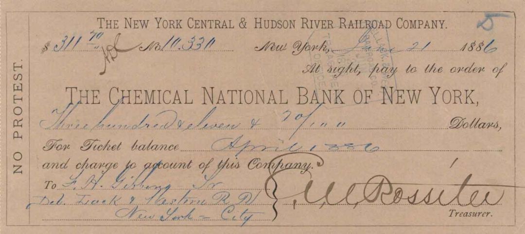 Chemical National Bank of New York Check signed by E.V.W. Rossiter - 1886 Autographed Check