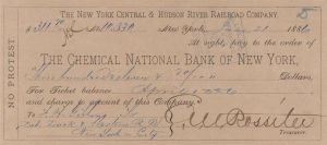 Chemical National Bank of New York Check signed by E.V.W. Rossiter - 1886 Autographed Check