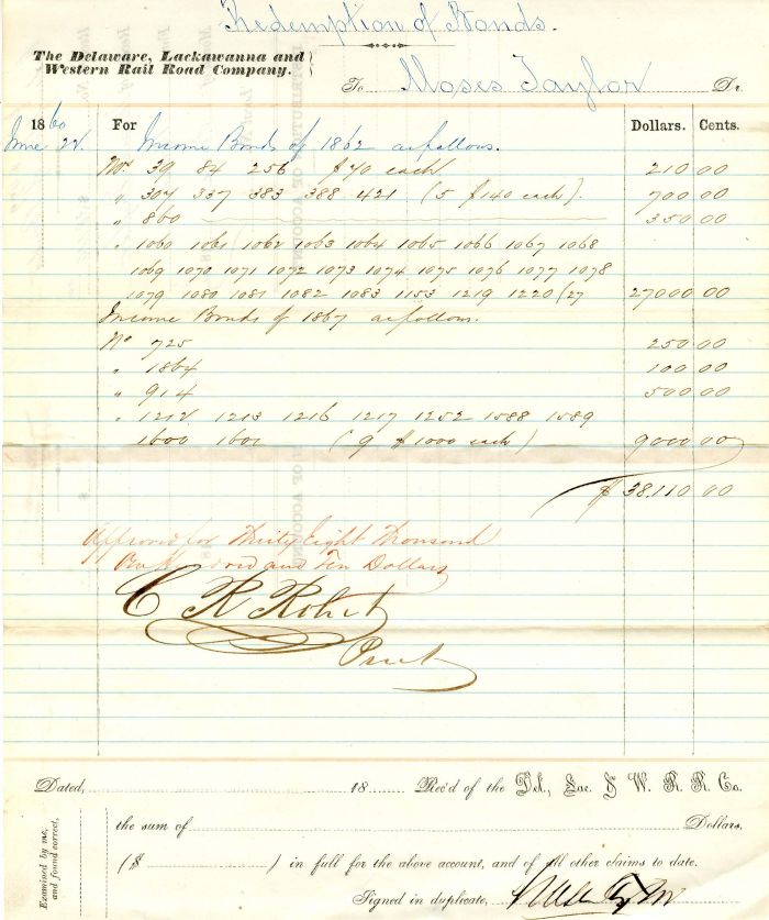 Delaware, Lackawanna and Western Rail Road Co. signed by Moses Taylor - Redemption of Bonds, Interest Account