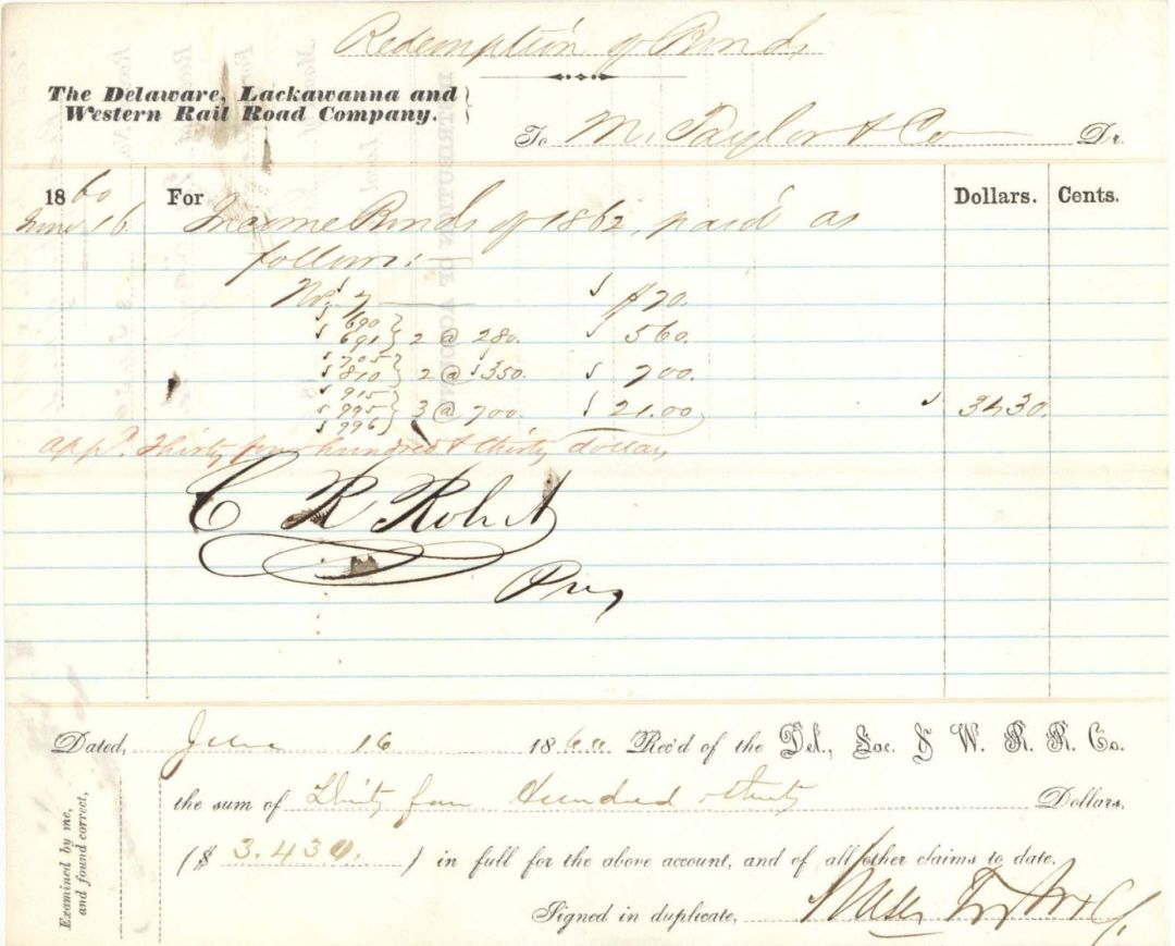 Delaware, Lackawanna and Western Rail Road Co. signed by Moses Taylor - 1860 dated Redemption of Bonds, Script Stock or Reserved Fund