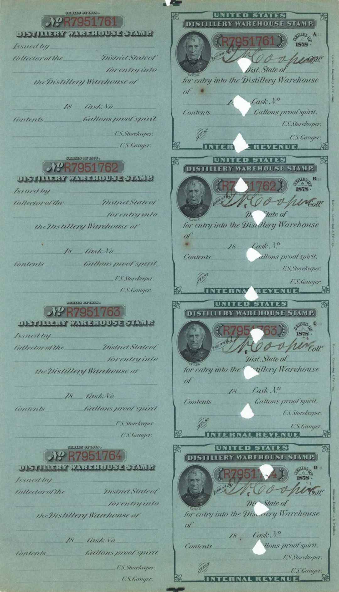 Uncut Sheet of Distillery Warehouse Stamps pictures Zachery Taylor - 18-- dated Stamps