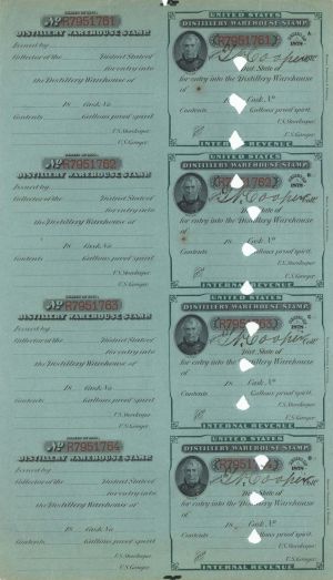 Uncut Sheet of Distillery Warehouse Stamps pictures Zachery Taylor - 18-- dated Stamps