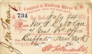 N. Y. Central and Hudson River R. R. Trip Pass with printed signature of Wm. H. Vanderbilt - SOLD