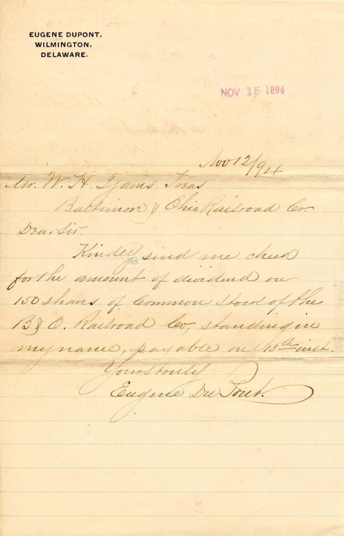 Autographed Letter signed by Eugene duPont