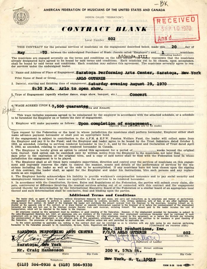 Arlo Guthrie signed Contract