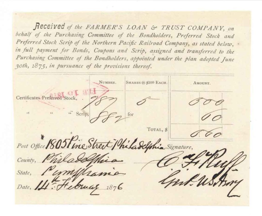 Stock Receipt signed by General C.F. Ruff - 1876 dated Autograph