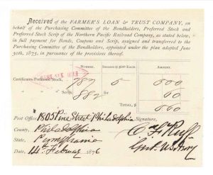 Stock Receipt signed by General C.F. Ruff - 1876 dated Autograph