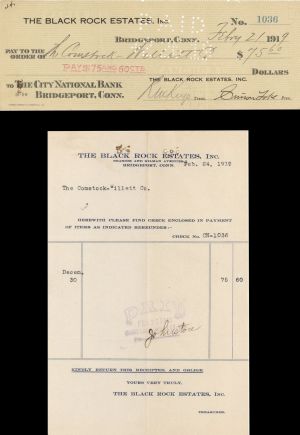 Black Rock Estates, Inc. Check signed by Simon Lake and Receipt - 1919 dated Autograph