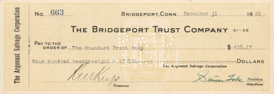 Bridgeport Trust Company Check signed by Simon Lake - Autographs